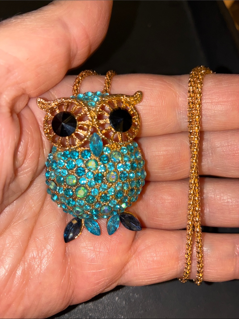 Owl Pendant Necklace with Turquoise Crystal Accents